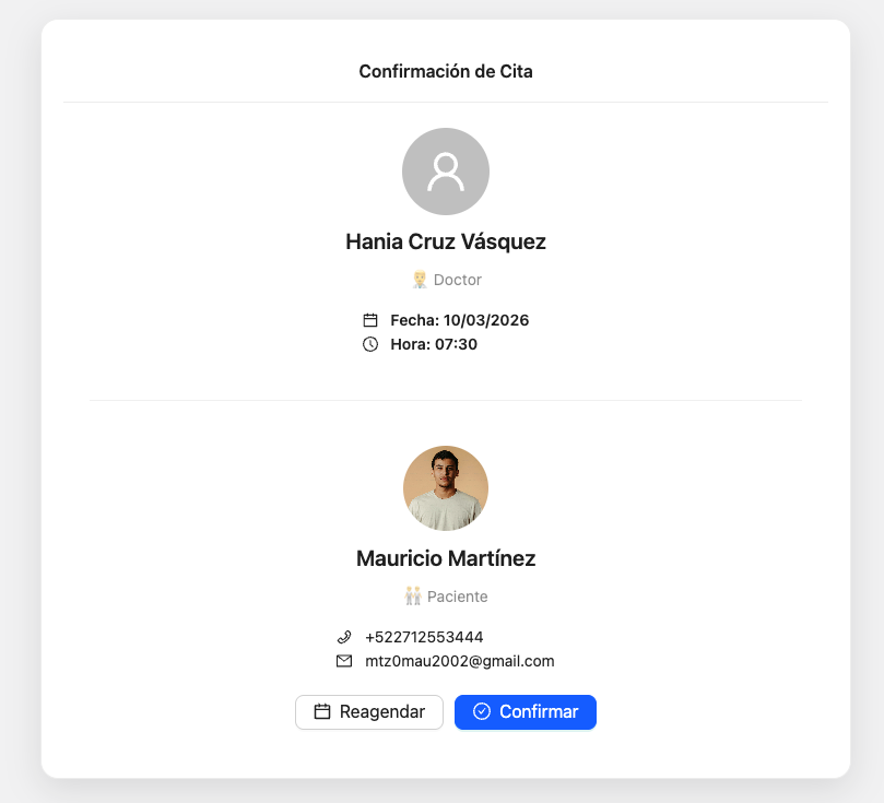 Pantalla de confirmación de cita en OneClinic